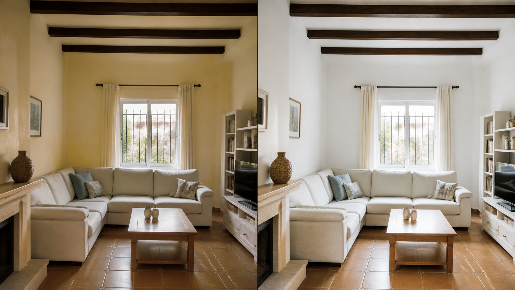 Comparación de un salón antes y después de renovar la pintura